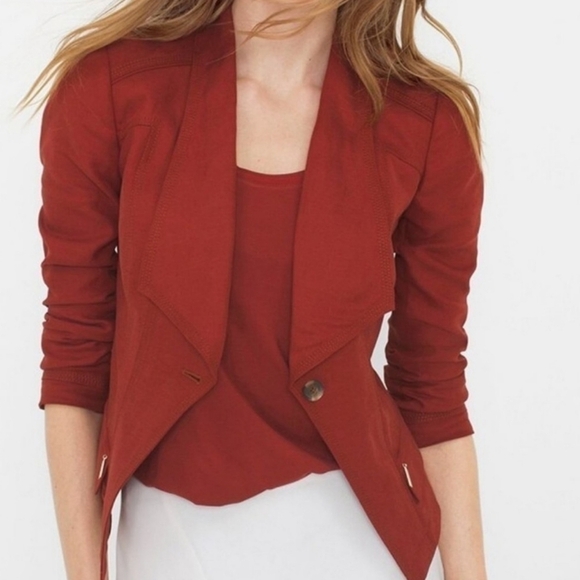 White House Black Market, Rust Red Cropped Linen Moto Blazer, Size 4 Small - Picture 3 of 11